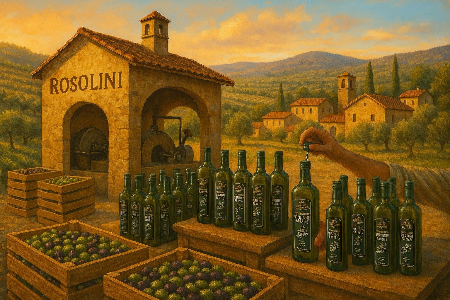 Illustration of a stone olive oil house marked Rosolini among Sicilian olive groves